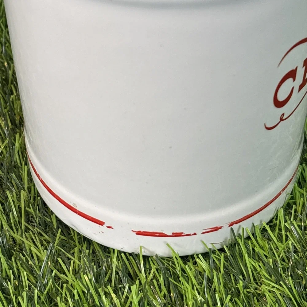 Vintage White‎ Ceramic Cream Canister Jar w Lid Red Lettering Farmhouse
